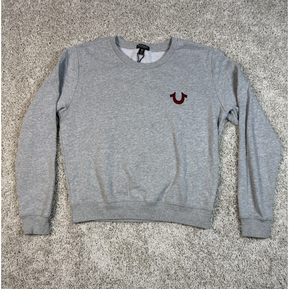 True Religion Gray Crewneck Sweatshirt Small Red Horseshoe Logo Pullover